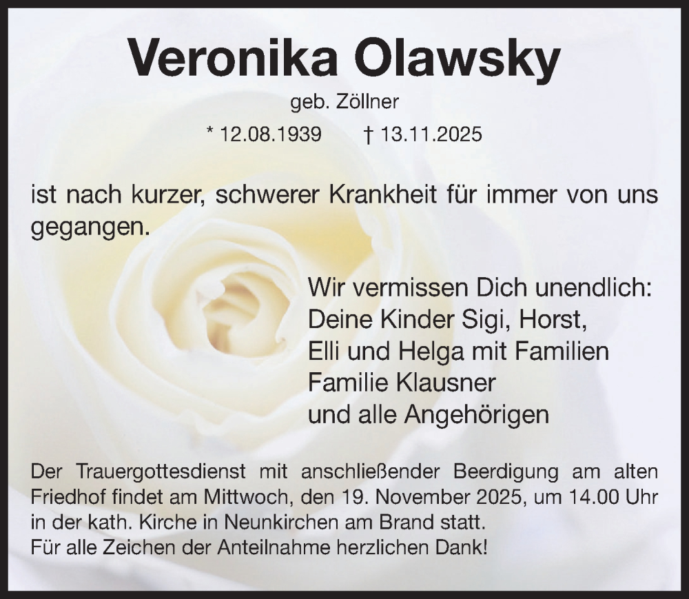  Traueranzeige für Veronika Olawsky vom 15.11.2025 aus Erlanger Nachrichten/ Nordbayer. Nachrichten Forchheim