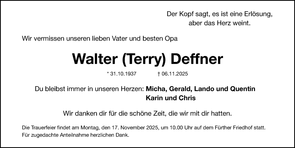  Traueranzeige für Walter Deffner vom 15.11.2025 aus Fürther Nachrichten Lokal