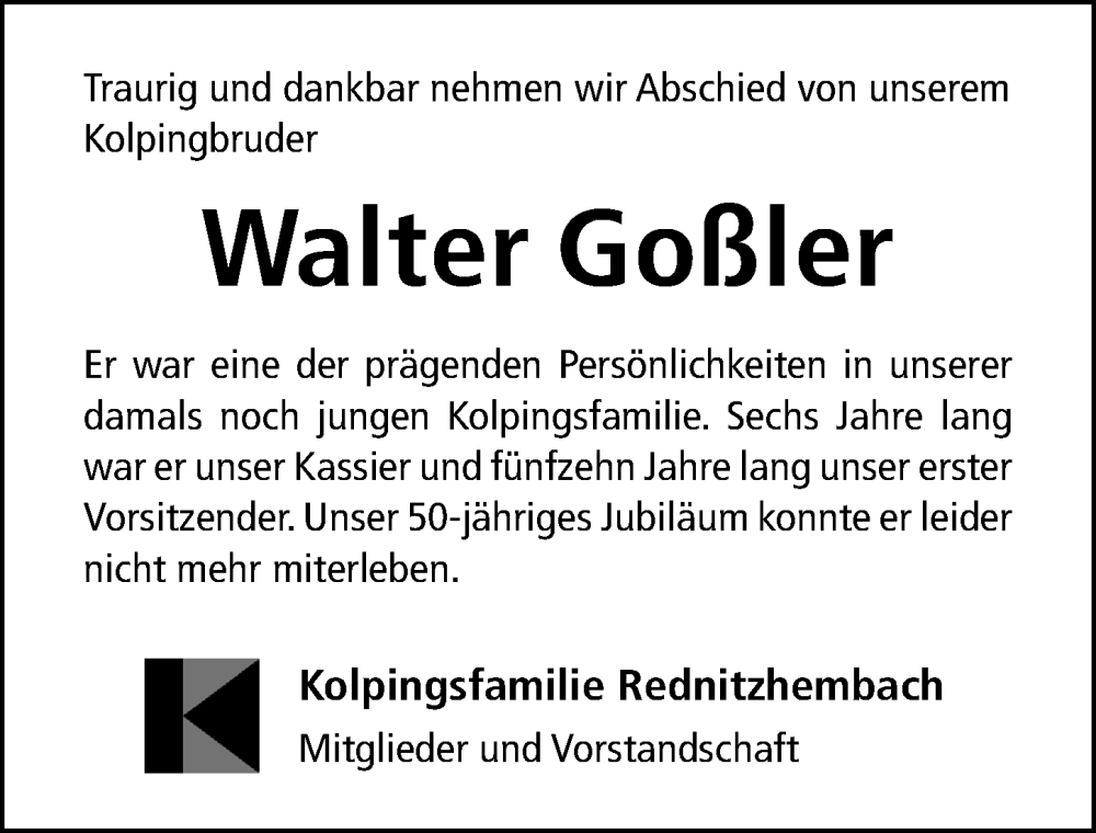  Traueranzeige für Walter Goßler vom 15.11.2025 aus Schwabacher Tagblatt Lokal