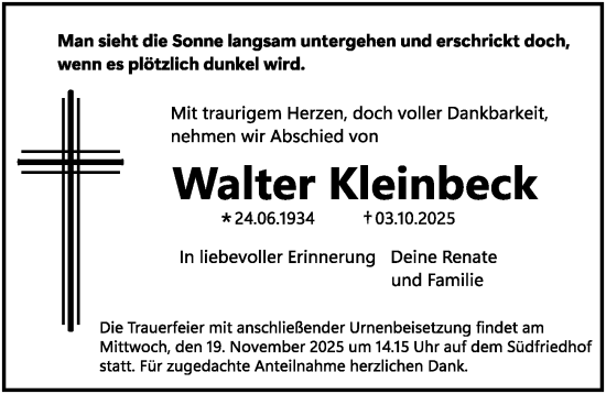 Traueranzeige von Walter Kleinbeck von Gesamtausgabe Nürnberger Nachrichten/ Nürnberger Ztg.