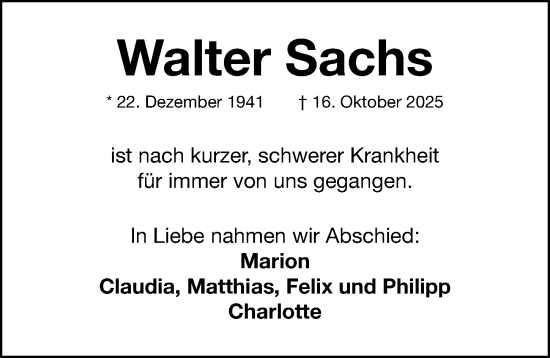 Traueranzeige von Walter Sachs von Fürther Nachrichten Lokal