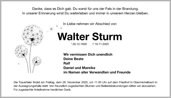 Traueranzeige von Walter Sturm von Gesamtausgabe Nürnberger Nachrichten/ Nürnberger Ztg.