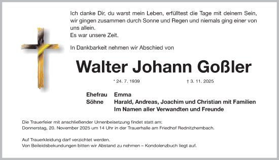 Traueranzeige von Walter Johann Goßler von Schwabacher Tagblatt Lokal