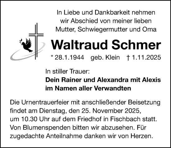 Traueranzeige von Waltraud Schmer von Gesamtausgabe Nürnberger Nachrichten/ Nürnberger Ztg.