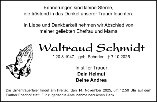Traueranzeige von Waltraud Schmidt von Fürther Nachrichten Lokal