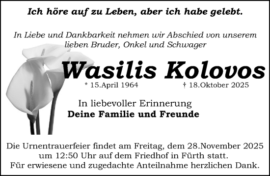 Traueranzeige von Wasilis Kolovos von Fürther Nachrichten Lokal