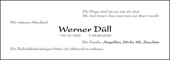 Traueranzeige von Werner Düll von Gesamtausgabe Nürnberger Nachrichten/ Nürnberger Ztg.
