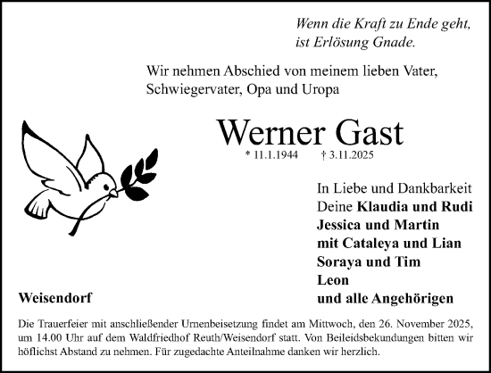 Traueranzeige von Werner Gast von Nordbayerische Nachrichten Herzogenaurach Lokal