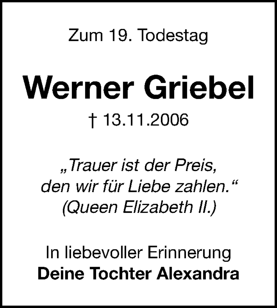 Traueranzeige für Werner Griebel vom 13.11.2025 aus Erlanger Nachrichten Lokal