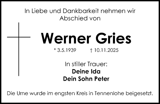 Traueranzeige von Werner Gries von Erlanger Nachrichten Lokal