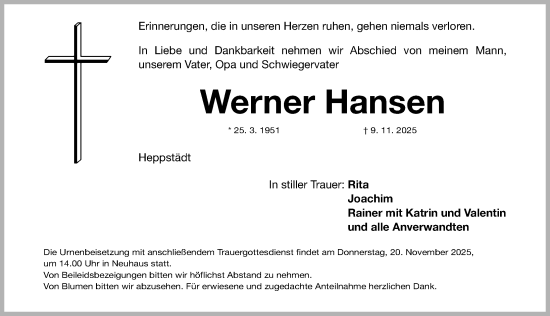 Traueranzeige von Werner Hansen von Nordbayerische Nachrichten Herzogenaurach Lokal
