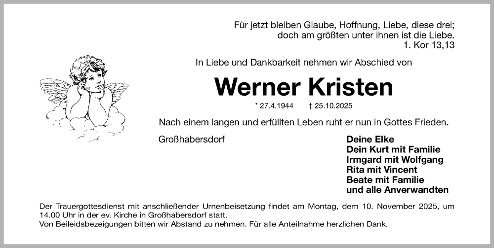  Traueranzeige für Werner Kristen vom 07.11.2025 aus Fürther Nachrichten Lokal