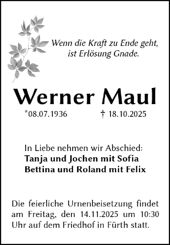 Traueranzeige von Werner Maul von Gesamtausgabe Nürnberger Nachrichten/ Nürnberger Ztg.