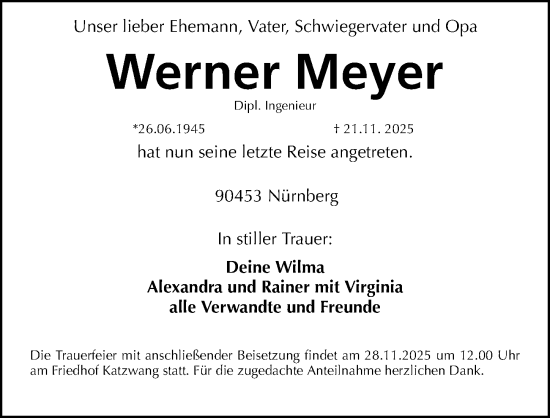 Traueranzeige von Werner Meyer von Gesamtausgabe Nürnberger Nachrichten/ Nürnberger Ztg.