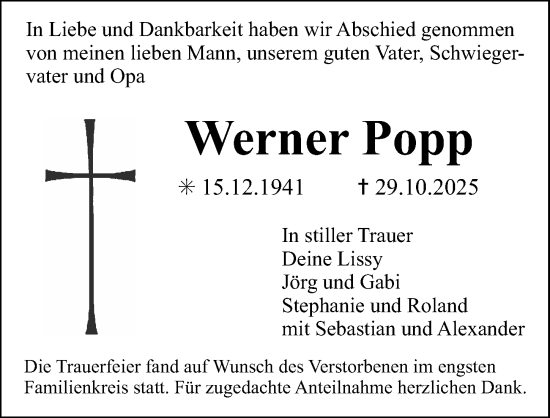 Traueranzeige von Werner Popp von Erlanger Nachrichten Lokal