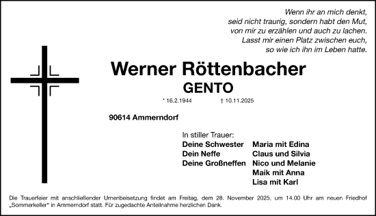 Traueranzeige von Werner Röttenbacher von Fürther Nachrichten Lokal