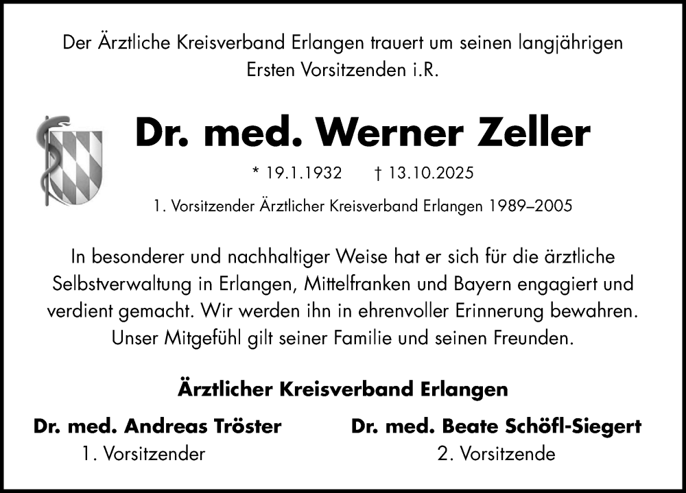  Traueranzeige für Werner Zeller vom 08.11.2025 aus Erlanger Nachrichten Lokal