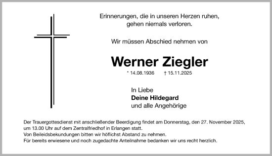 Traueranzeige von Werner Ziegler von Nordbayerische Nachrichten Herzogenaurach Lokal
