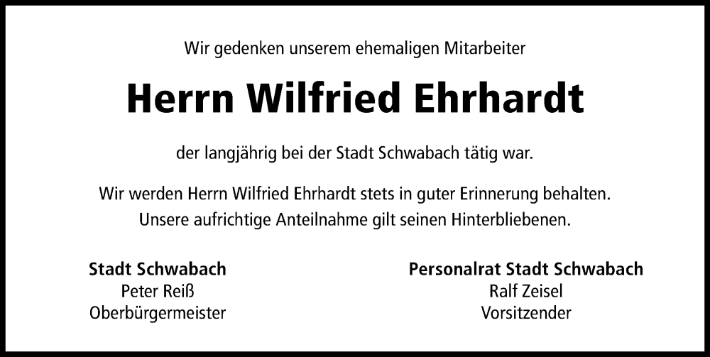  Traueranzeige für Wilfried Ehrhardt vom 05.11.2025 aus Schwabacher Tagblatt Lokal