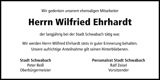 Traueranzeige von Wilfried Ehrhardt von Schwabacher Tagblatt Lokal