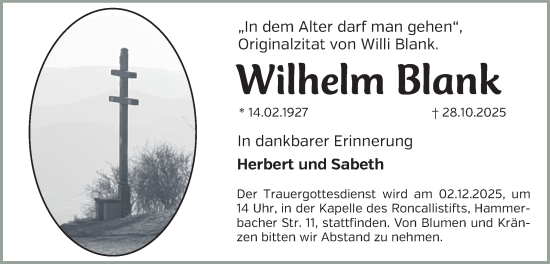 Traueranzeige von Wilhelm Blank von Erlanger Nachrichten Lokal