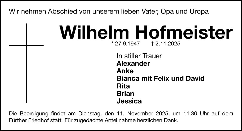  Traueranzeige für Wilhelm Hofmeister vom 08.11.2025 aus Fürther Nachrichten Lokal