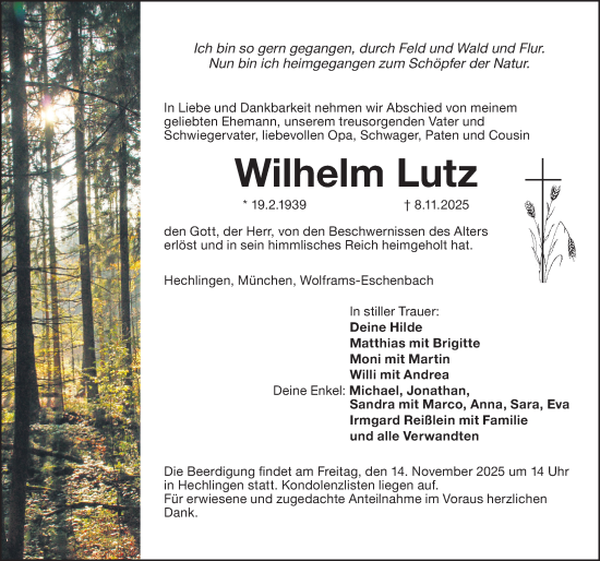 Traueranzeige von Wilhelm Lutz von Altmühl-Bote Lokal
