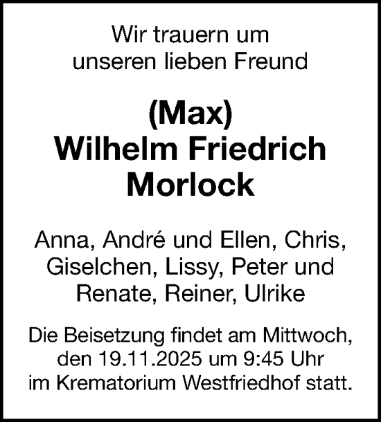 Traueranzeige von Wilhelm Friedrich Morlock von Gesamtausgabe Nürnberger Nachrichten/ Nürnberger Ztg.