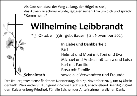 Traueranzeige von Wilhelmine Leibbrandt von Gesamtausgabe Nürnberger Nachrichten/ Nürnberger Ztg.