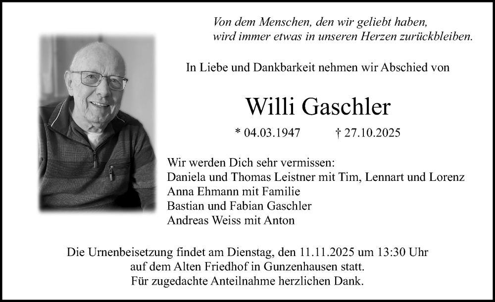  Traueranzeige für Willi Gaschler vom 08.11.2025 aus Altmühl-Bote Lokal