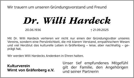 Traueranzeige von Willi Hardeck von Nordbayerische Nachrichten Forchheim Lokal