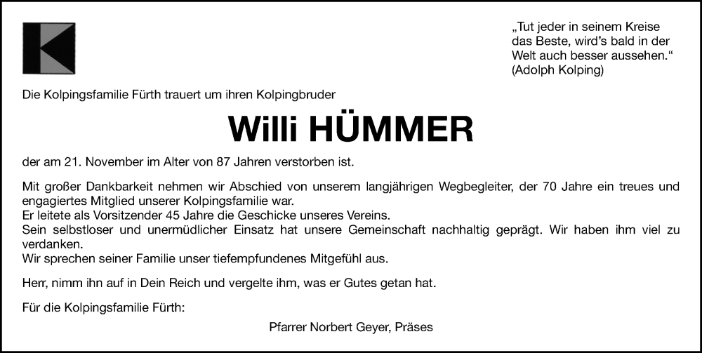  Traueranzeige für Willi Hümmer vom 27.11.2025 aus Fürther Nachrichten Lokal