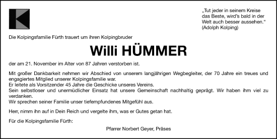 Traueranzeige von Willi Hümmer von Fürther Nachrichten Lokal