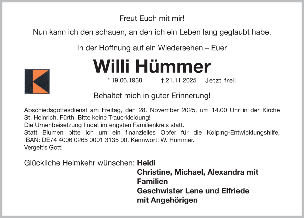  Traueranzeige für Willi Hümmer vom 26.11.2025 aus Fürther Nachrichten Lokal