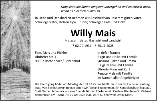 Traueranzeige von Willy Mais von Gesamtausgabe Nürnberger Nachrichten/ Nürnberger Ztg.