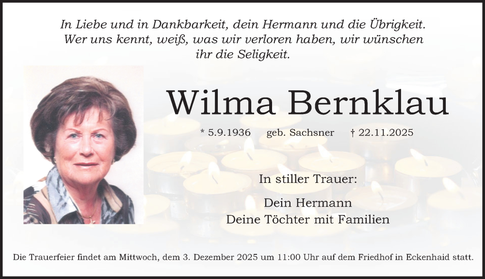  Traueranzeige für Wilma Bernklau vom 29.11.2025 aus Gesamtausgabe Nürnberger Nachrichten/ Nürnberger Ztg.
