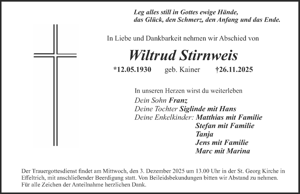  Traueranzeige für Wiltrud Stirnweis vom 29.11.2025 aus Nordbayerische Nachrichten Forchheim Lokal