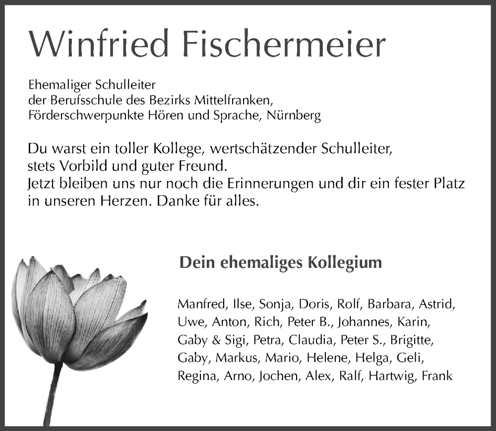  Traueranzeige für Winfried Fischermeier vom 08.11.2025 aus Gesamtausgabe Nürnberger Nachrichten/ Nürnberger Ztg.