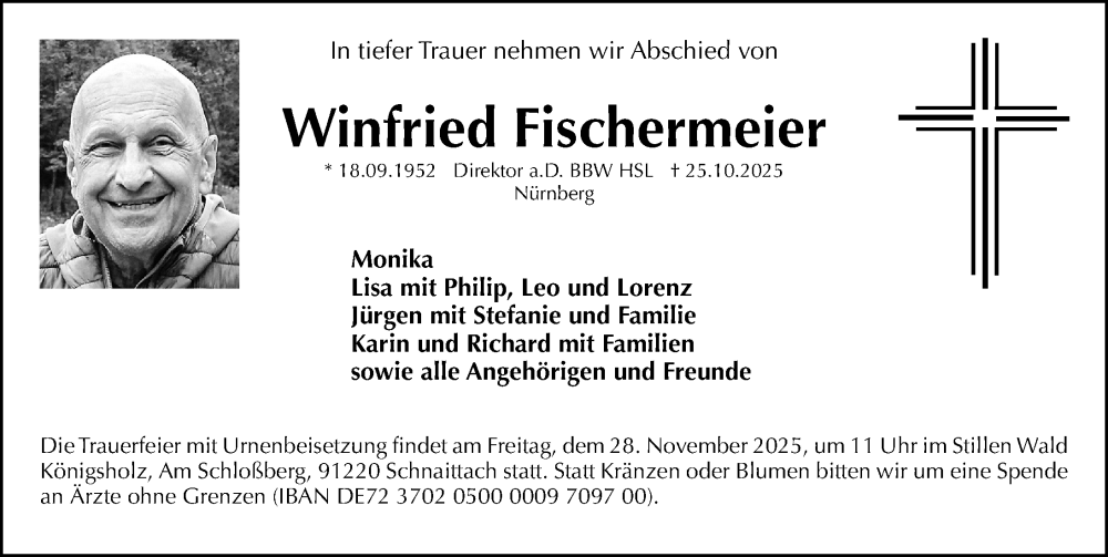  Traueranzeige für Winfried Fischermeier vom 08.11.2025 aus Gesamtausgabe Nürnberger Nachrichten/ Nürnberger Ztg.