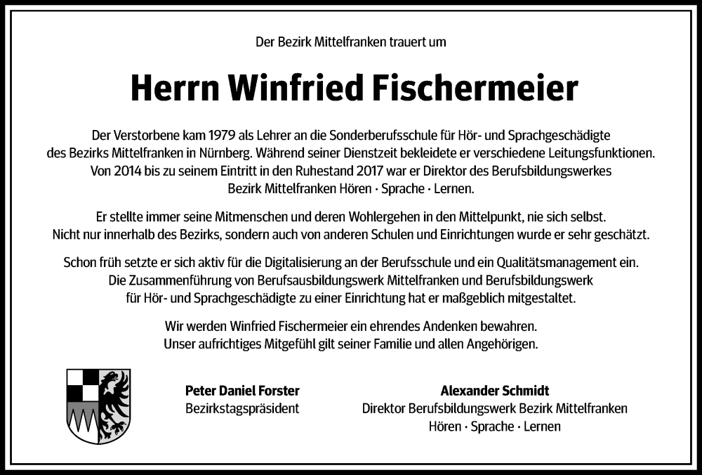  Traueranzeige für Winfried Fischermeier vom 08.11.2025 aus Gesamtausgabe Nürnberger Nachrichten/ Nürnberger Ztg.