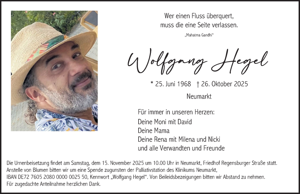  Traueranzeige für Wolfgang Hegel vom 11.11.2025 aus Neumarkter Nachrichten Lokal