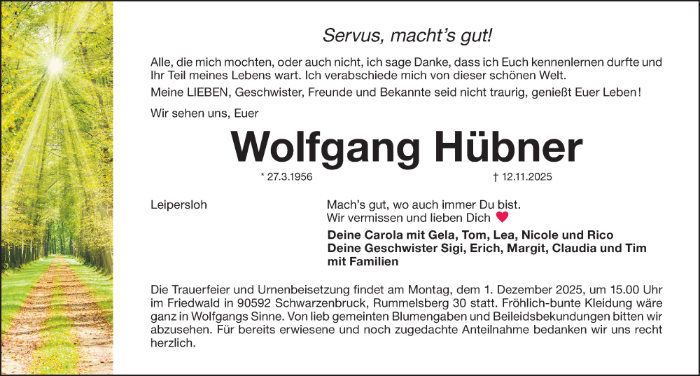 Traueranzeige für Wolfgang Hübner vom 22.11.2025 aus Gesamtausgabe Nürnberger Nachrichten/ Nürnberger Ztg.