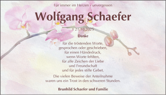 Traueranzeige von Wolfgang Schaefer von Gesamtausgabe Nürnberger Nachrichten/ Nürnberger Ztg.