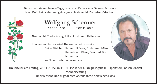 Traueranzeige von Wolfgang Schermer von Roth-Hilpoltsteiner Volkszeitung Lokal