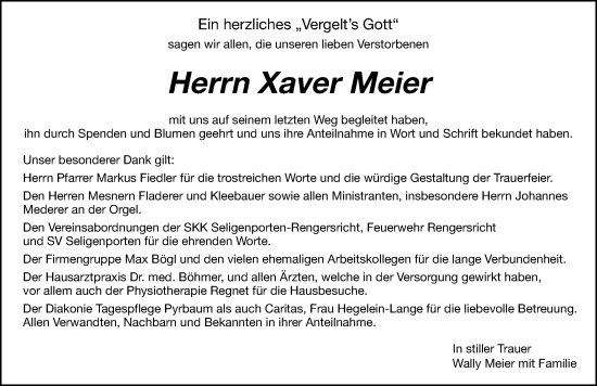 Traueranzeige von Xaver Meier von Neumarkter Nachrichten Lokal