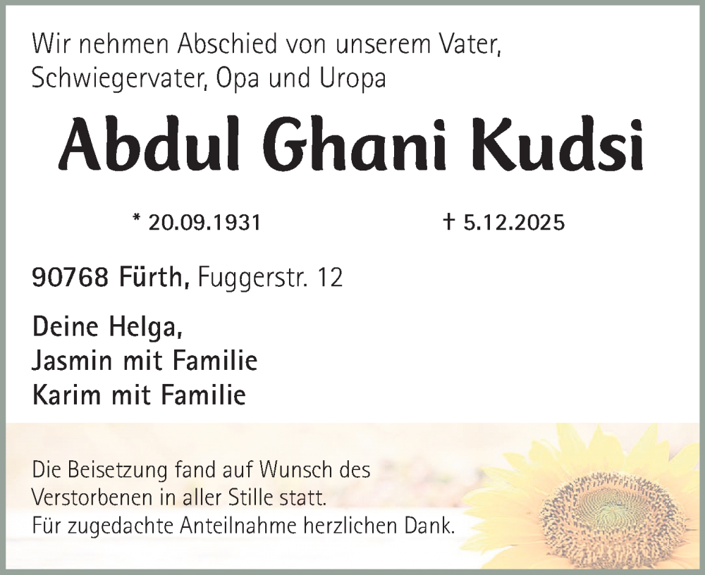  Traueranzeige für Abdul Ghani Kudsi vom 12.12.2025 aus Fürther Nachrichten Lokal