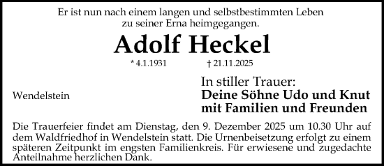 Traueranzeige von Adolf Heckel von Gesamtausgabe Nürnberger Nachrichten/ Nürnberger Ztg.