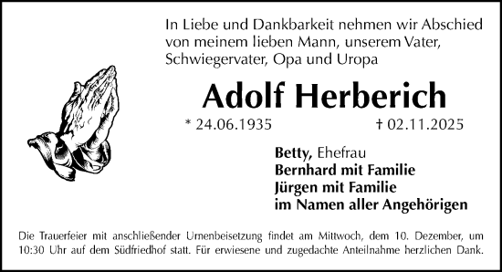 Traueranzeige von Adolf Herberich von Gesamtausgabe Nürnberger Nachrichten/ Nürnberger Ztg.