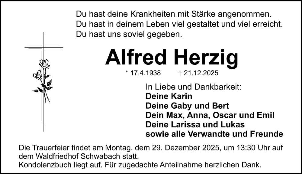  Traueranzeige für Alfred Herzig vom 27.12.2025 aus Schwabacher Tagblatt Lokal
