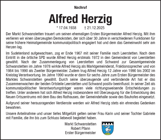 Traueranzeige von Alfred Herzig von Schwabacher Tagblatt Lokal